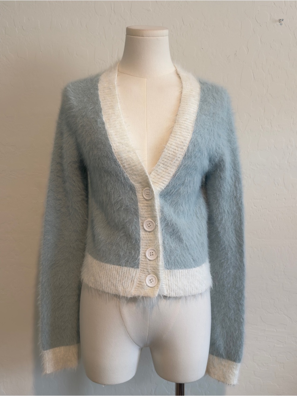 AILEY CARDIGAN  Blue & Cream Fuzzy Button-Front Cardigan Sweater